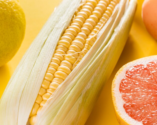 Close-up of corn with grapefruit