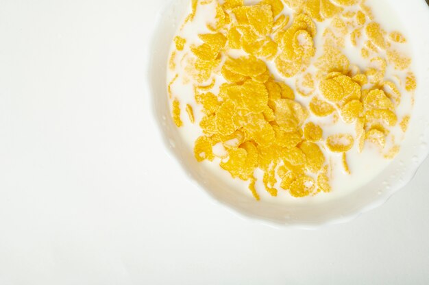 Close up cornflakes with milk on plain background