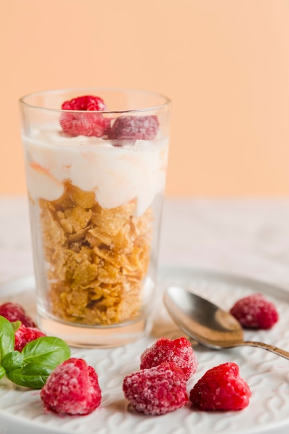 Close-up cornflakes and yogurt in glass with fruits