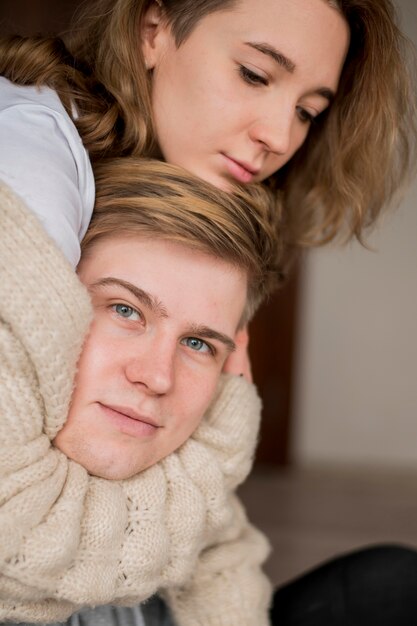 Close-up couple hugging