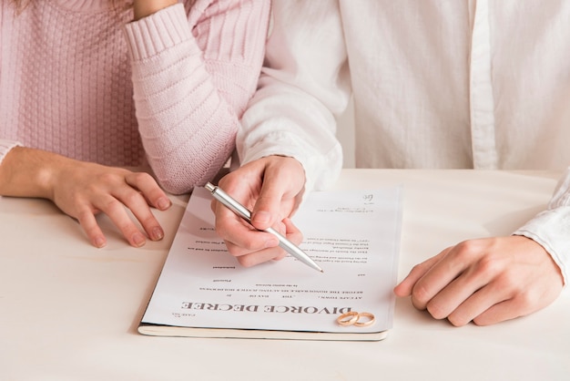 Close-up couple reading divorce decree