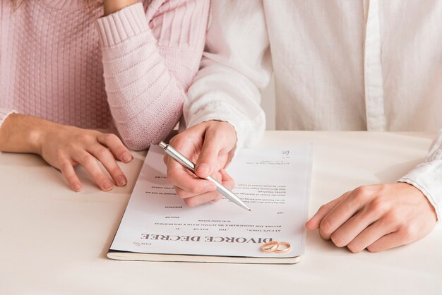 Close-up couple reading divorce decree