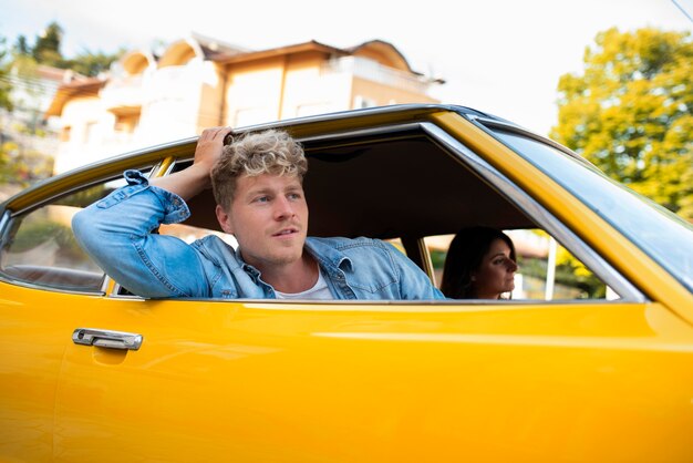 Close up couple traveling by car