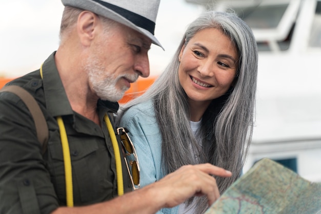 Close up couple traveling together