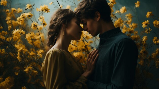 Close up on couple with flower bouquet