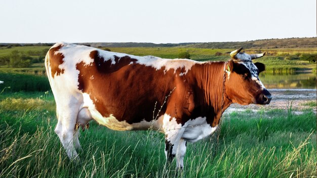 Close up on cow staying in the grass