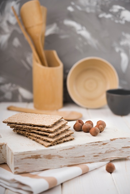 Close-up crackers on wooden table