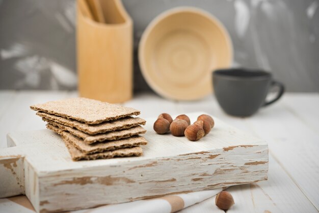 Close-up crackers on wooden table