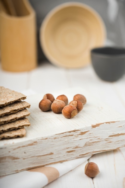 Close-up crackers on wooden table