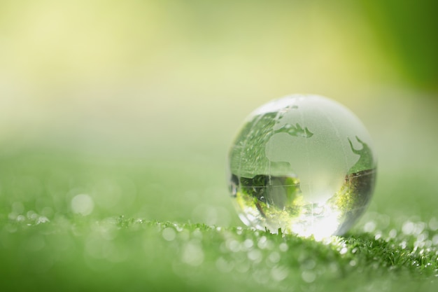 Close up of crystal globe resting on grass in a forest 