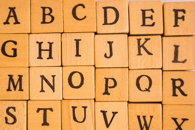 Close-up of cubes with letters