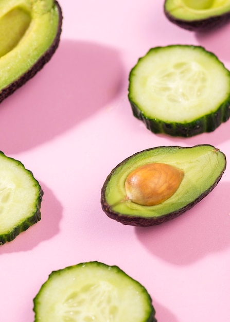 Close-up cucumber slices with avocado