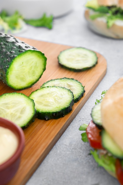 Close-up of cucumber slices with sandwich