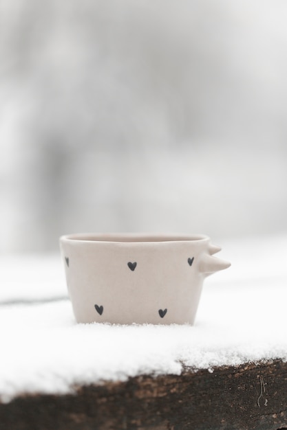 Tazza del primo piano di tè all'aperto in inverno