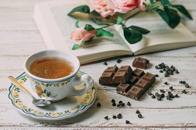 Close-up cup of tea with chocolate