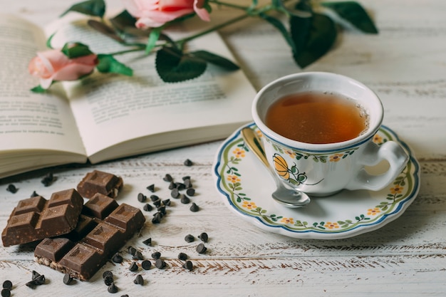 Close-up cup of tea with chocolate