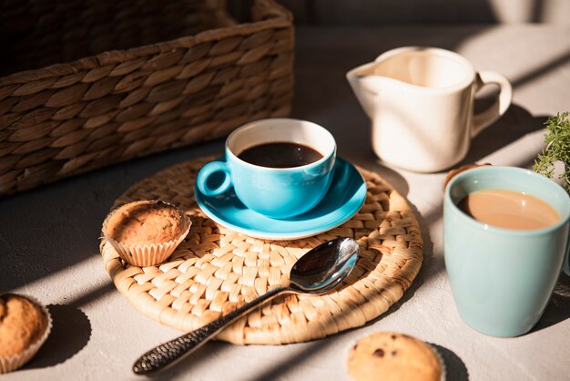 Close-up cups of coffee with milk