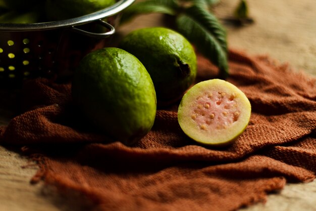 Close up cut guava fruits on plate