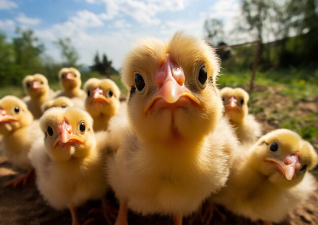 Близкий взгляд на милых маленьких цыплят