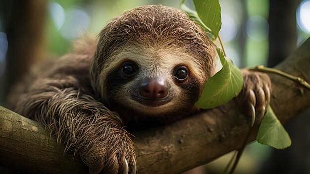 Close up of a cute sloth resting on a tree branch