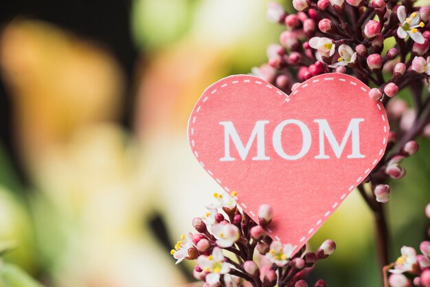 Close-up of decorative flower with paper heart for mother's day