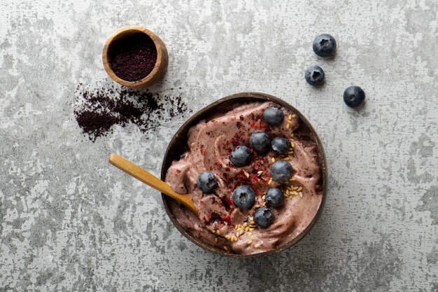 Close up on delicious acai cereal bowl