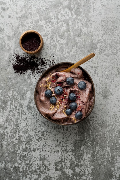 Close up on delicious acai cereal bowl