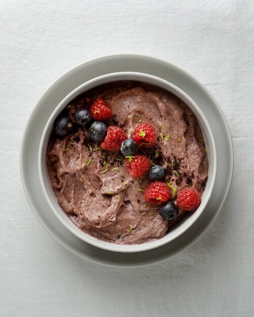 Close up on delicious acai cereal bowl