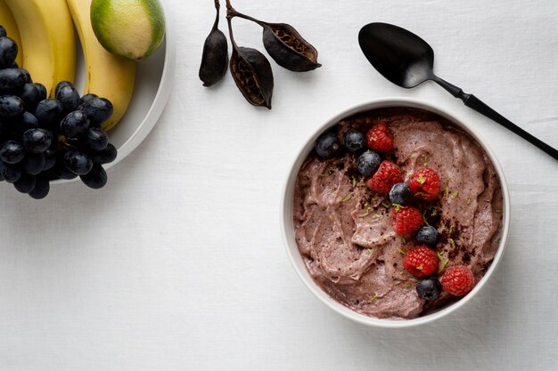 Close up on delicious acai cereal bowl