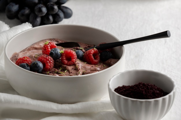 Close up on delicious acai cereal bowl