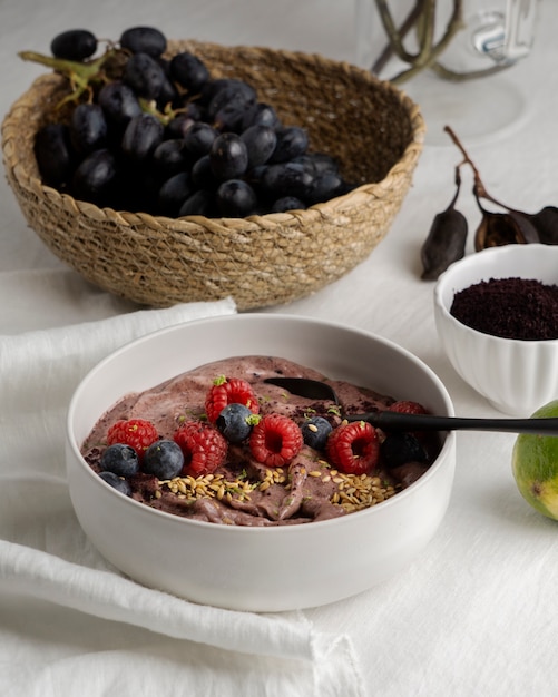 Close up on delicious acai cereal bowl