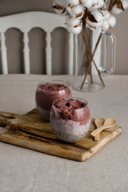 Close up on delicious acai cereal bowl