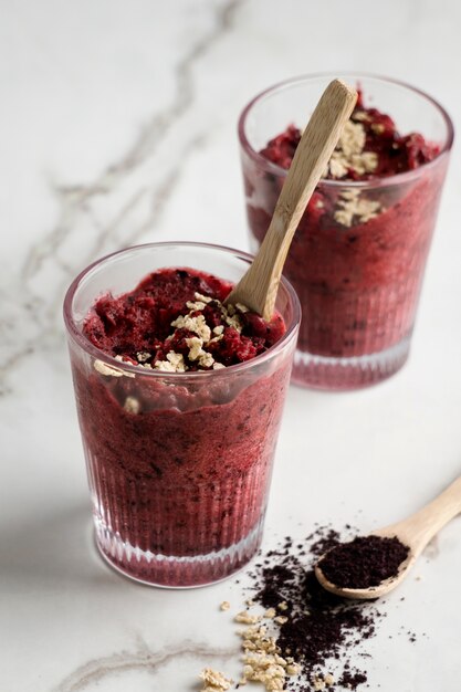 Close up on delicious acai cereal bowl