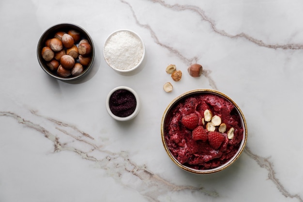 Close up on delicious acai cereal bowl