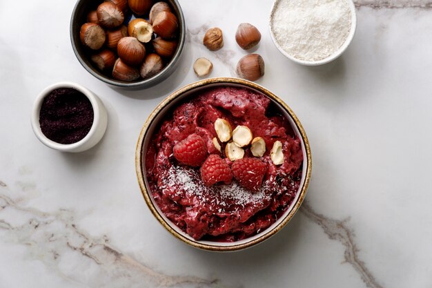 Close up on delicious acai cereal bowl