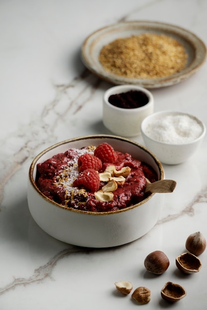 Close up on delicious acai cereal bowl