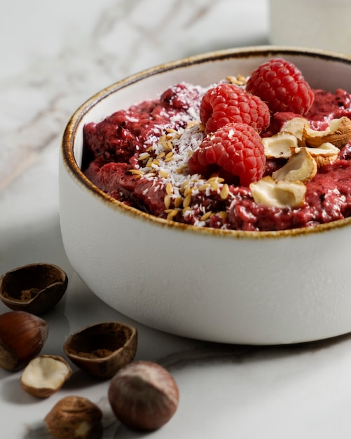 Close up on delicious acai cereal bowl