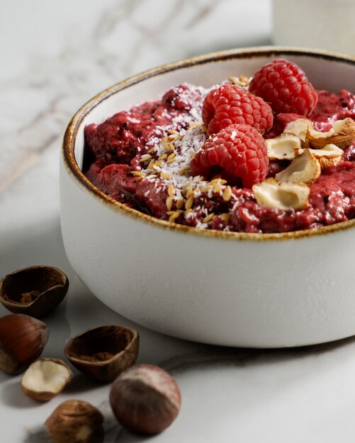 Close up on delicious acai cereal bowl