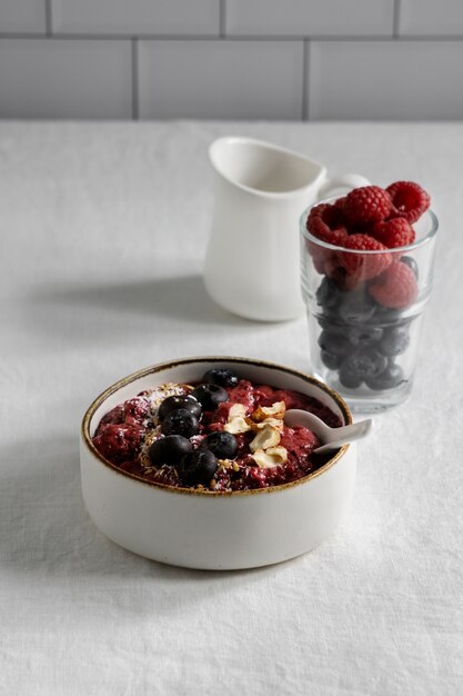 Close up on delicious acai cereal bowl