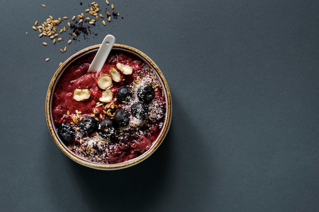 Close up on delicious acai cereal bowl