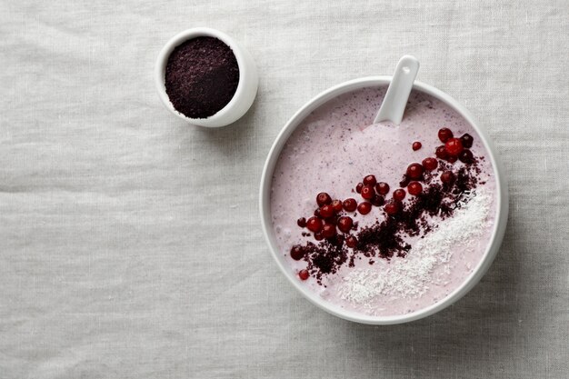 Close up on delicious acai cereal bowl