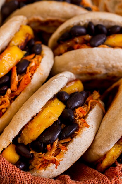 Close-up of delicious arepas with filling