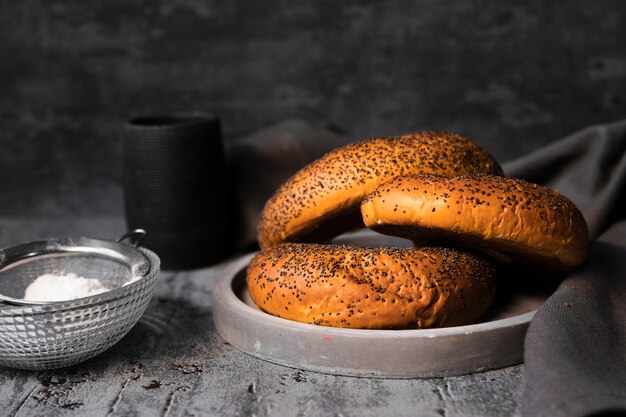 Close-up delicious bagels with seeds