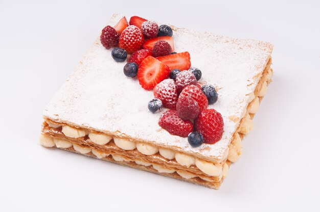 Close-up of delicious berry cake with powder sugar on top layer