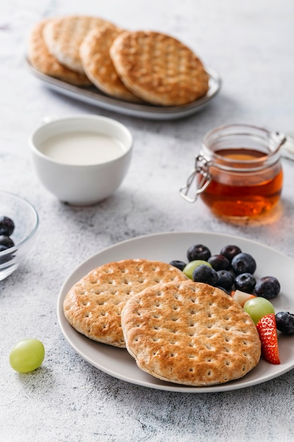 Close-up of delicious breakfast meal composition