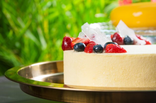 Close-up of delicious cheesecake with berries on tray outdoors