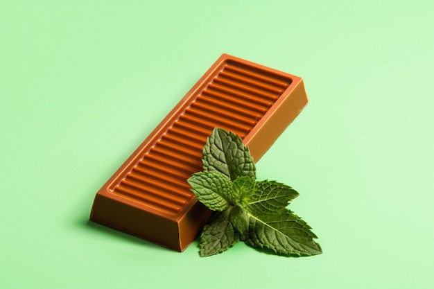 Close up on delicious chocolate bar with mint