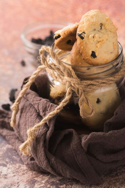 Close-up delicious chocolate cookies in a jar