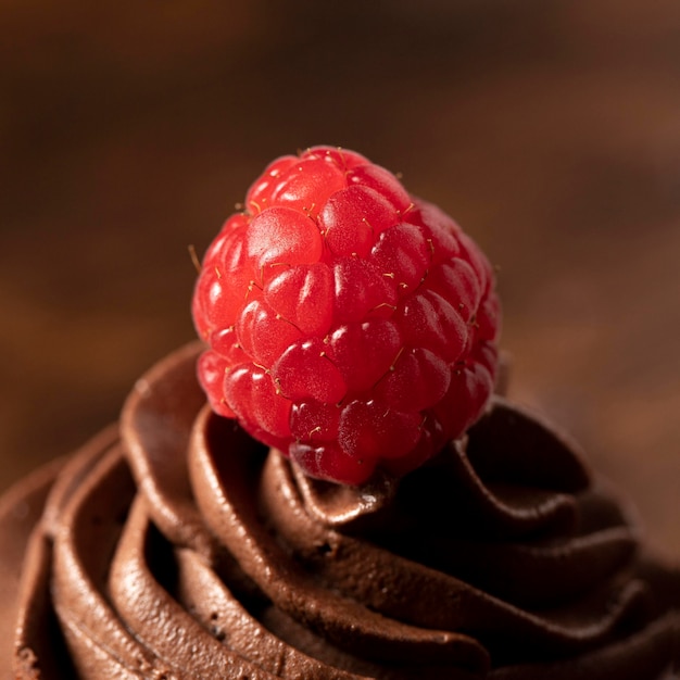 ラズベリーとおいしいチョコレートカップケーキのクローズアップ