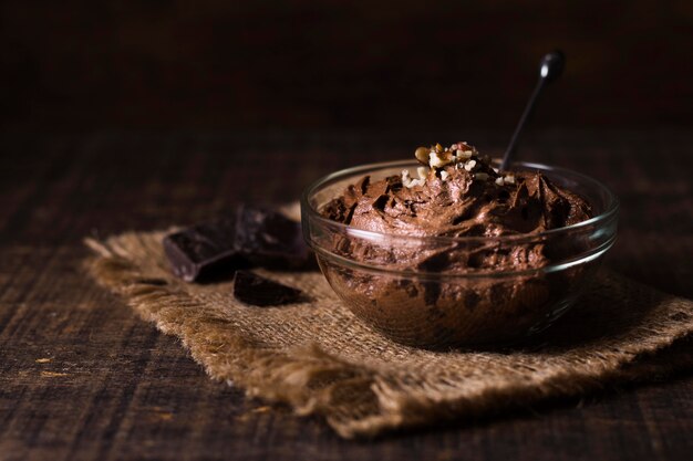 Close-up delicious chocolate mousse ready to be served